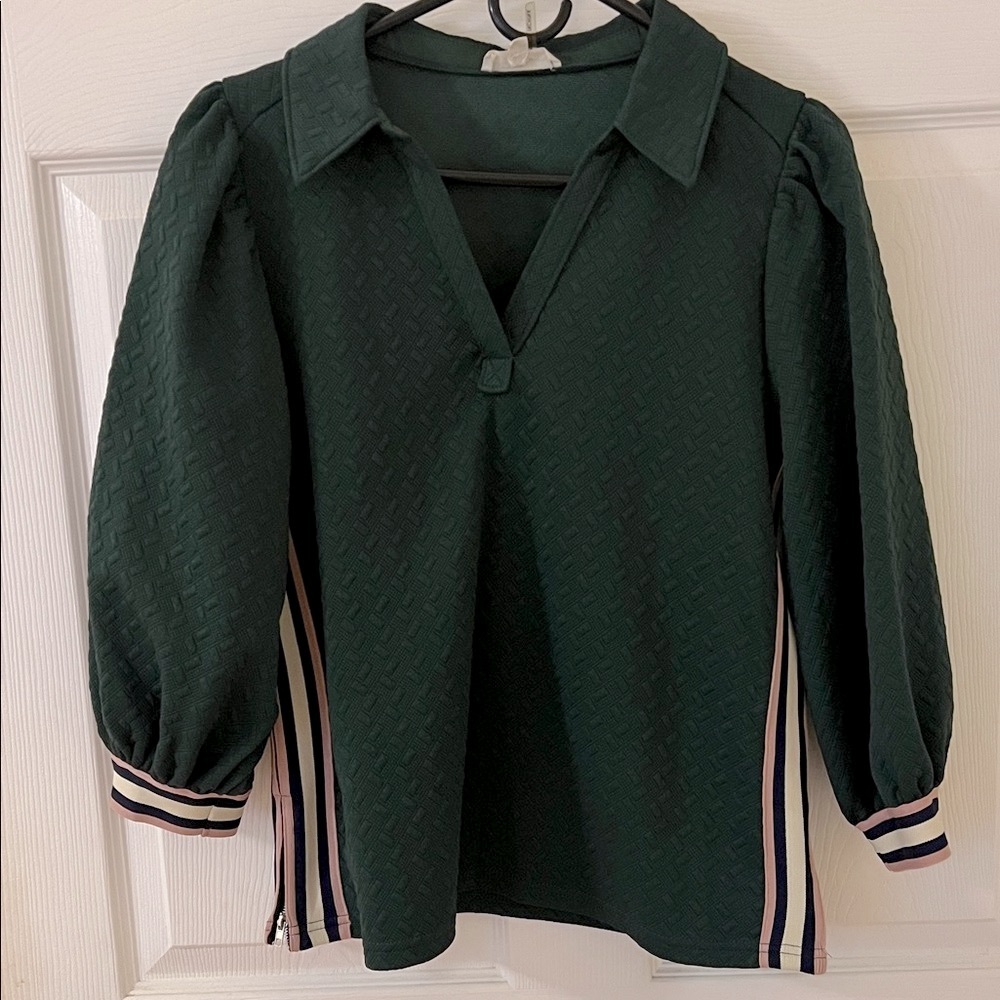 Entro Dark Green Blouse with Striped Sleeves